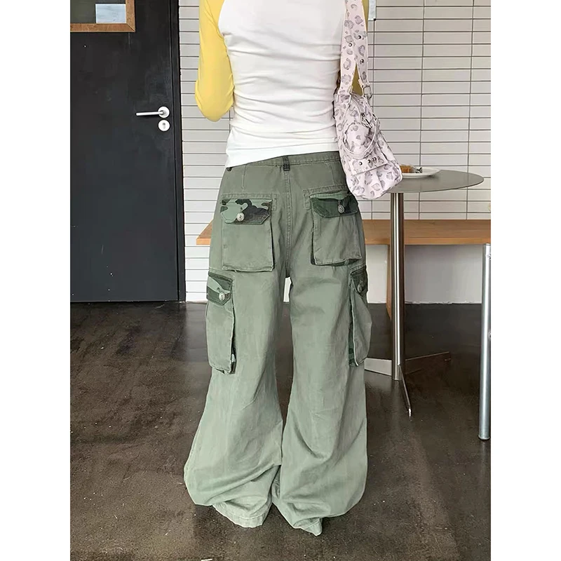 YIBASHU Women's Gothic Y2k Green Jeans Vintage Hiphop Grunge American Cargo Jeans Pants Baggy Boyfriend Wide Leg Denim Pants