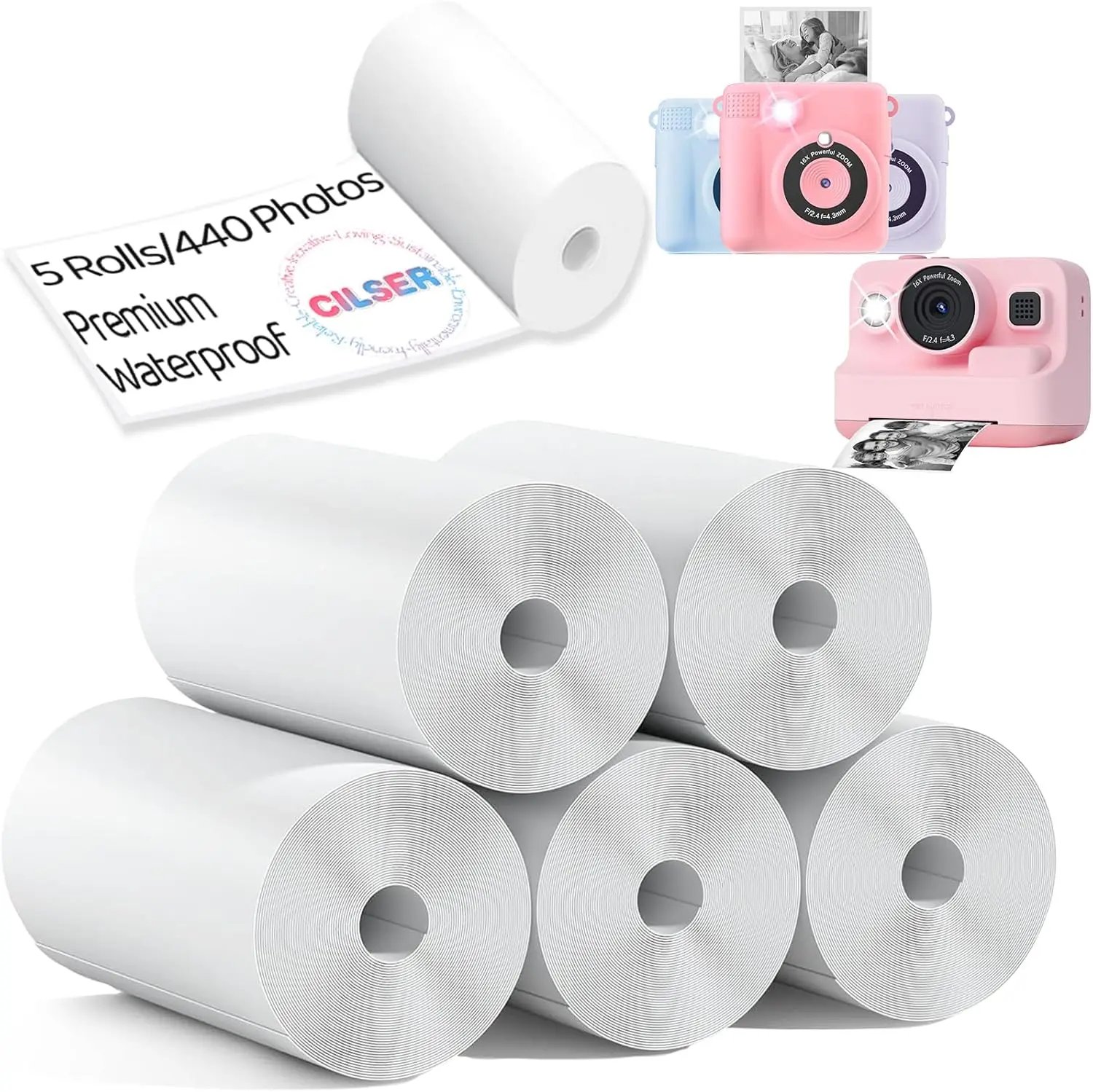 

440 Pcs/5 Rolls Thermal Paper for Kids Camera, 2.2x1.1Inch(57X25mm), HD Printing, Waterproof, Non-sticky
