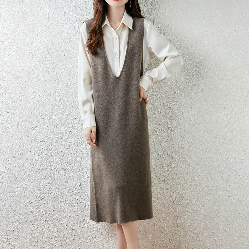 

Autumn and winter new women's vest 100% wool knitted long V-neck sleeveless sweater pullover fashionable women's clothing