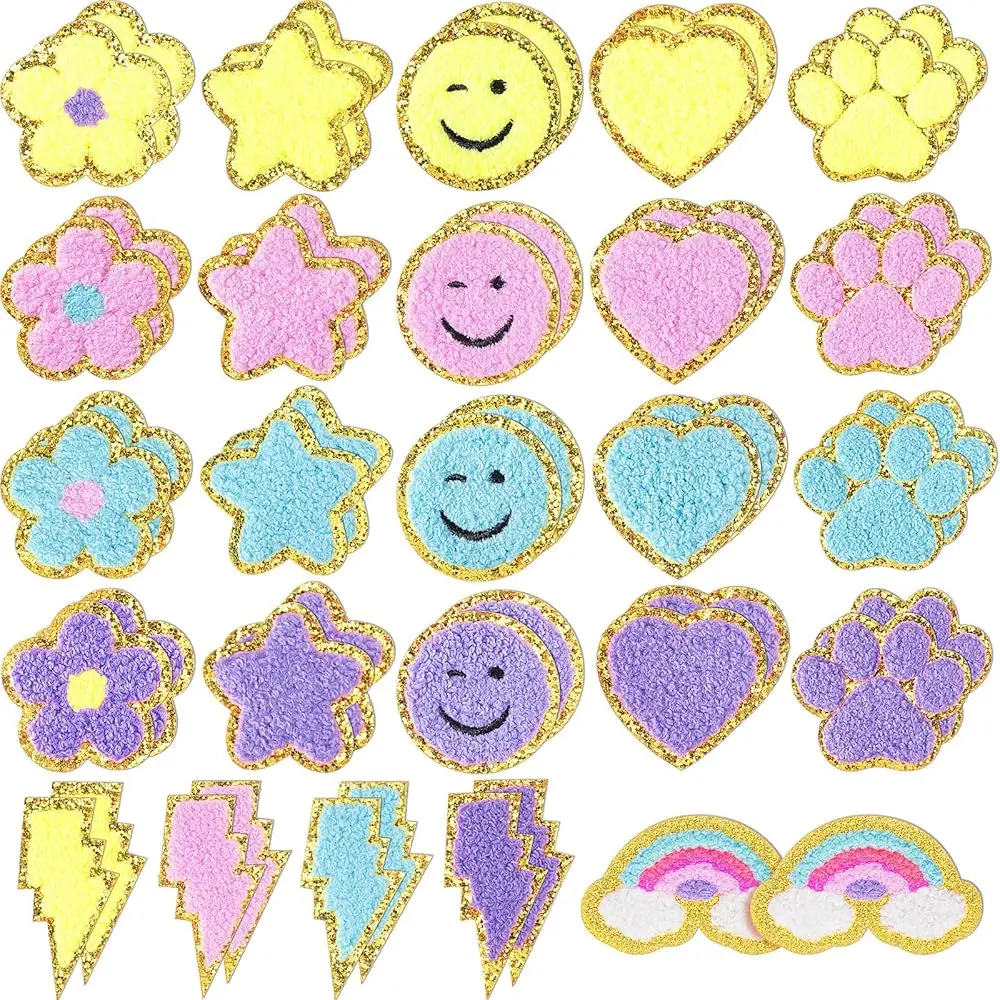 

50 Pcs Self Adhesive Chenille Patches Paw Print Smile Face Heart Patch Preppy Sticker Chenille Rainbow Sew on Sticker for Ja