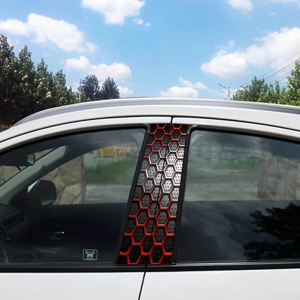 Cyber‑Style Hexagonal Metal Car B‑Pillar Decals Single Size 25x50cm Set Of 2 Pieces Red‑Black Tech Grid Texture