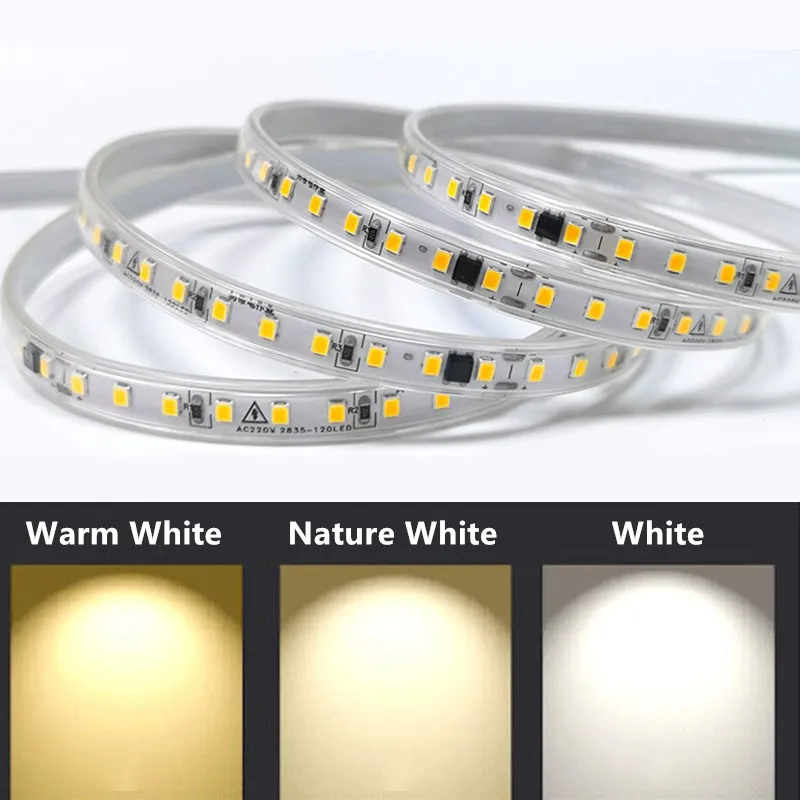 IP67防水AC220V LEDストリップライトランプ2835 120led/M 1M-25M高ルーメンLEDストリップライト220Vダイオードテープ屋外バックライト