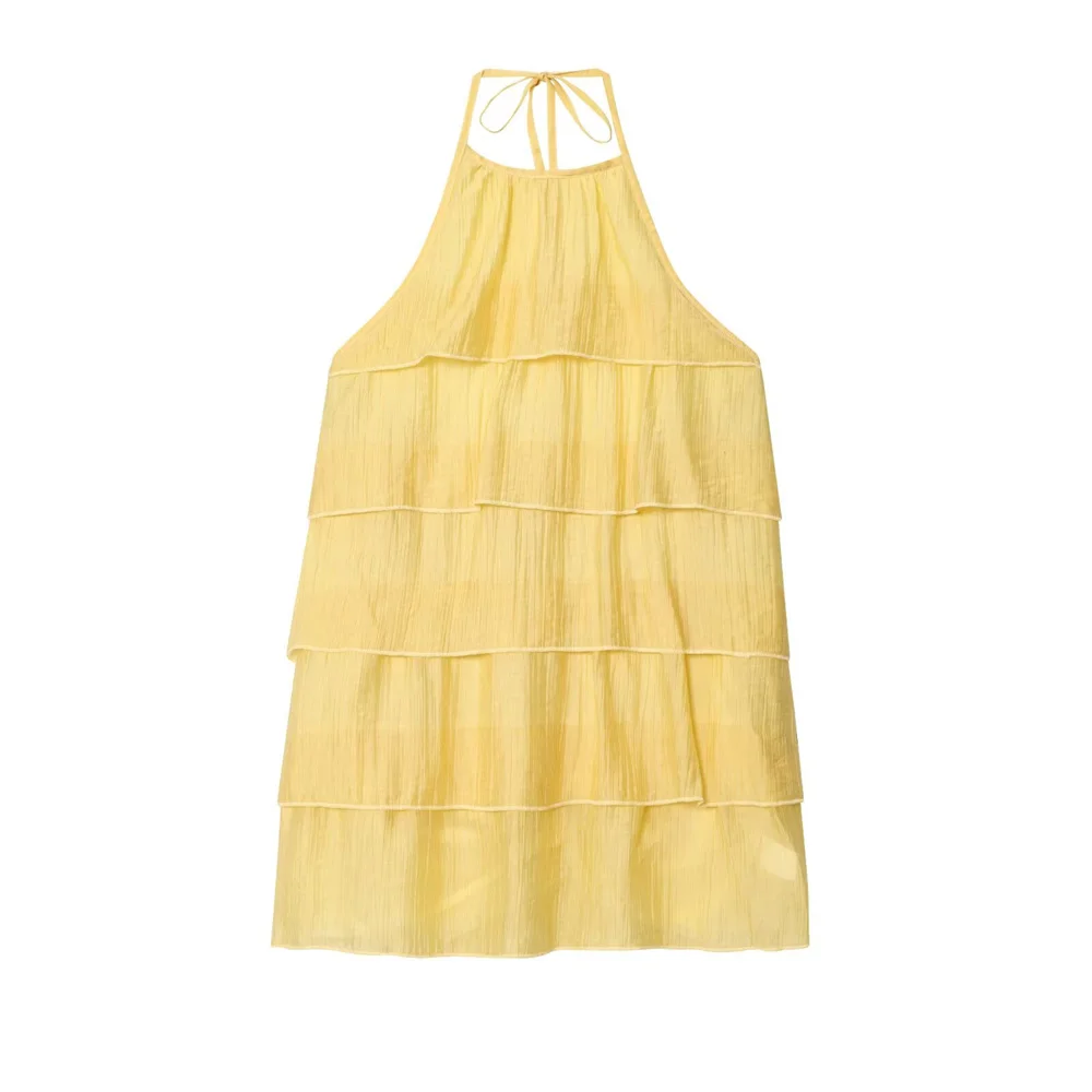 Novo vestido feminino com decoração doce e em camadas, costas nuas, gola pendurada, vestido curto