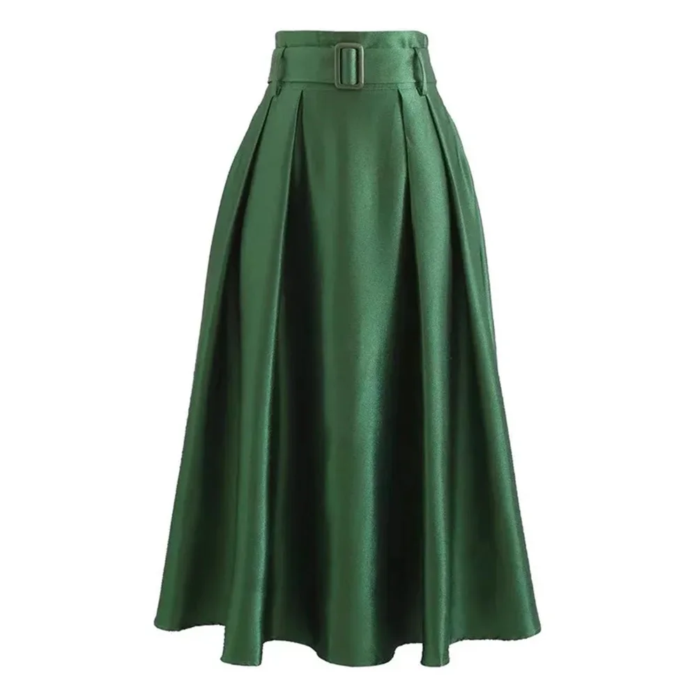 Vintage French Dark Green Satin Long Skirt Ladies High Waist Belted Flared Skirt 2026 Fashion Party Wedding Guest Evening Skirts