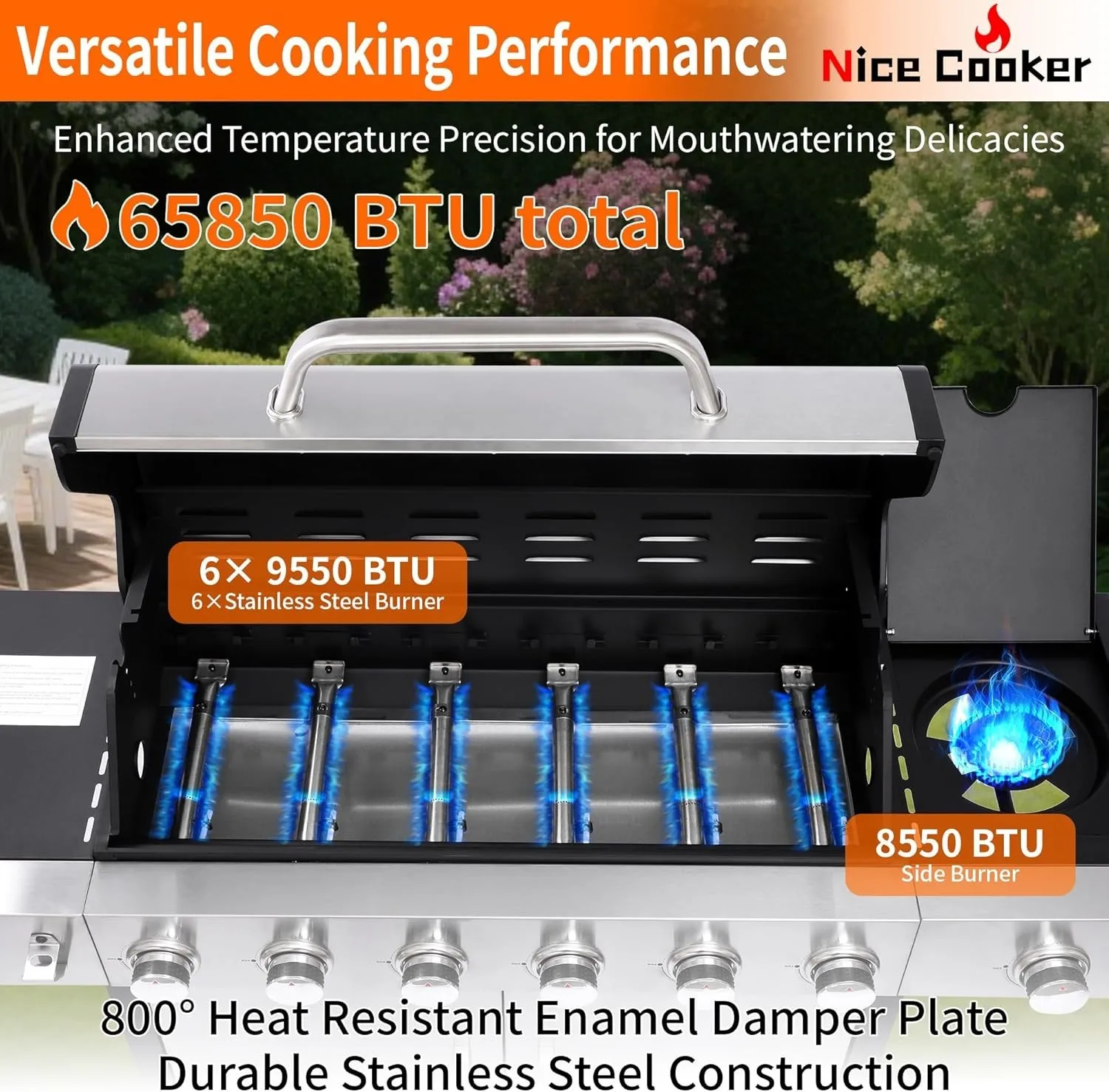 6-Burner Propane Gas BBQ Grill with Side Burner 69000 BTU Stainless Steel Grills