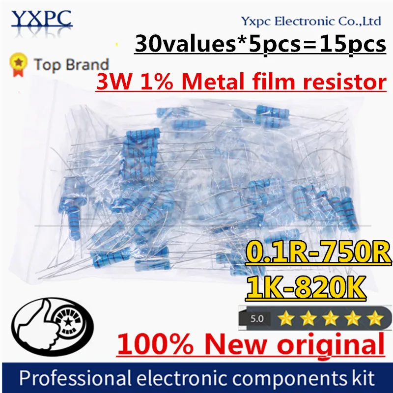 

30values*5pcs=150pcs 3W 1% Metal film resistor Kit 0.1R-750R ohm 1K~820K ohm