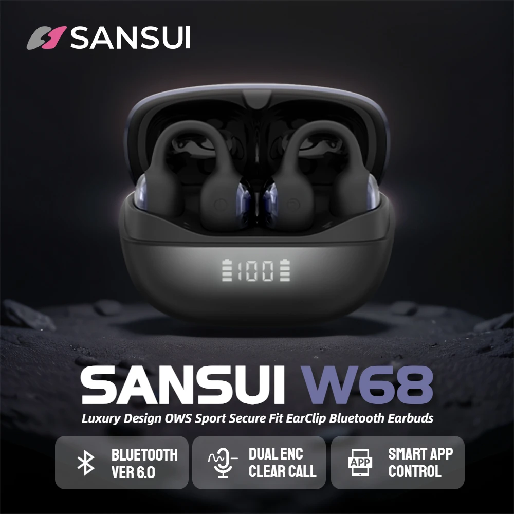 SANSUI W68 Bluetooth 6.0 oreille pince casque HiFi stéréo Clips sur écouteurs double ENC clair appel TWS sans fil écouteurs avec APP