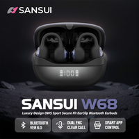 SANSUI W68 Bluetooth 6.0 Ear Clip Headphone HiFi Stereo Clips on Ear Buds Dual ENC Clear Call TWS Wireless Earphones with APP