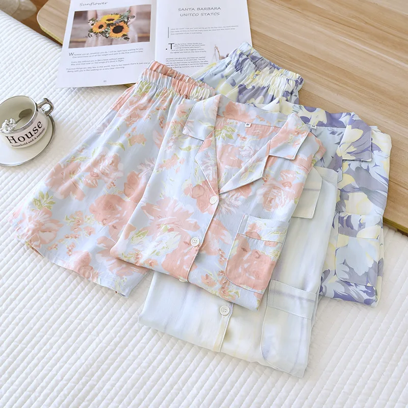 

Summer Viscose Beautiful Floral Print Women's Short Sleeved Shorts 2 Pcs Pajamas Set Comfortable Home Wear Pyjamas Women