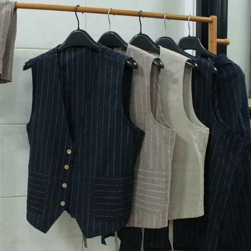 British Casual Linen Vest for Men Slim Fit Business Suit Camisole Professional Vest Cotton Linen Sleeveless Formal Wear