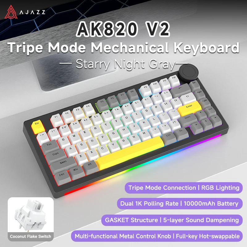 AJAZZ AK820 V2 Misty Sea Custom Keyboard, Tri-mode 2.4G/BT/Wired, Volledig hot-swappable, Smart Display Knob, Gasket met 5-laags geluidsdemping, RGB, Dubbele 1K polling rate, 10000mAh batterij, Peach