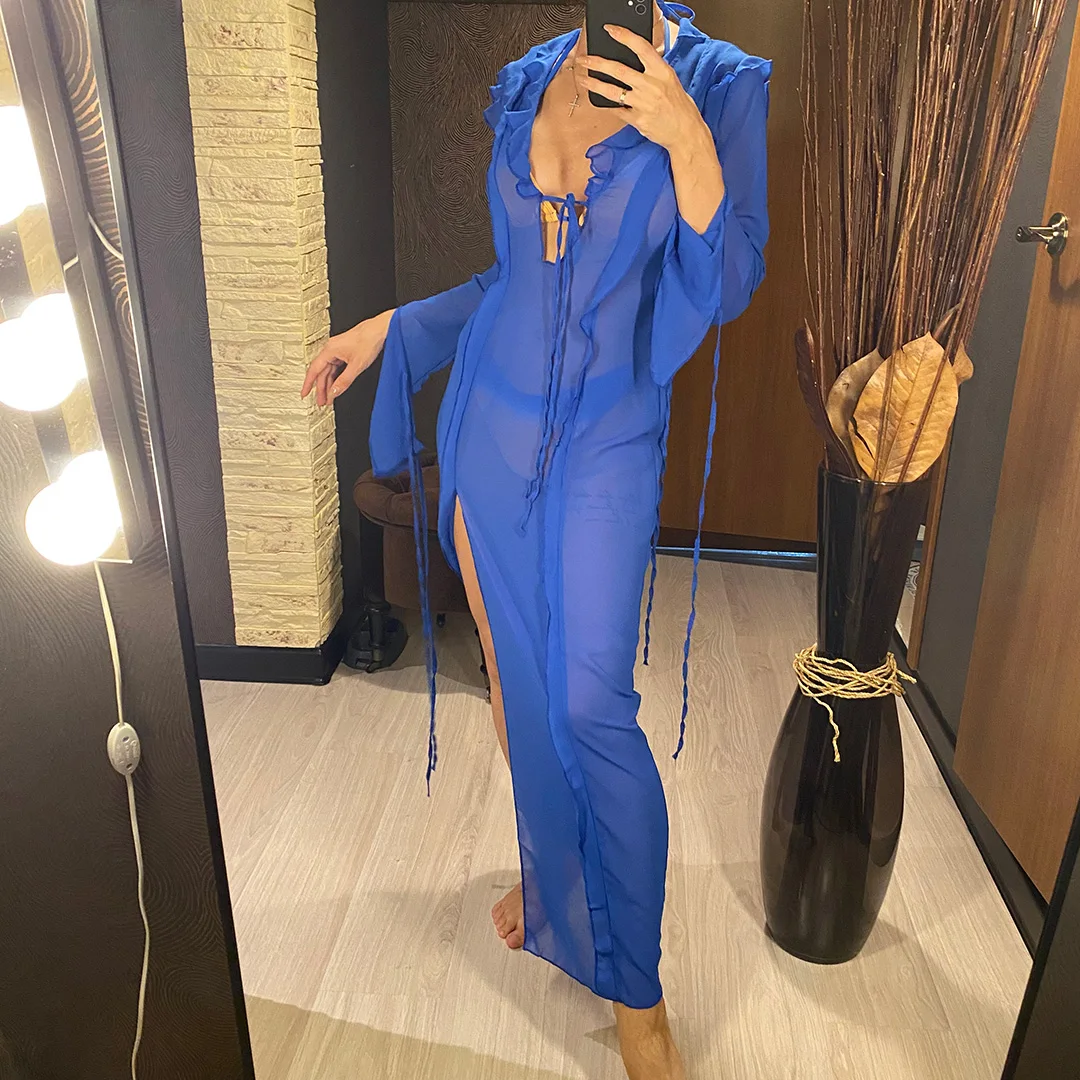 Langes Kleid mit tiefem V-Ausschnitt und hohem Schlitz, Rüschen, Strand-Cover-Up, Bikini-Cover-Up, Strandkleid, Strandmode, Damen V4440 – Detail 3