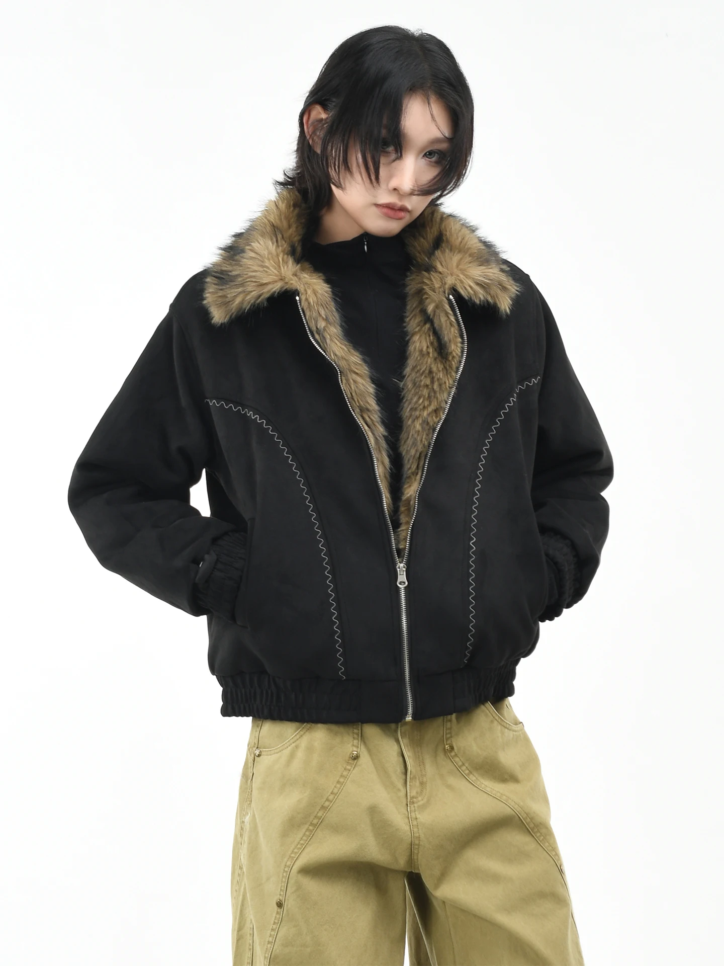 

OV оригинальный американский замшевый воротник, теплый хлопковый джет, женское свободное зимнее пальто, уличное пальто в стиле хип-хоп