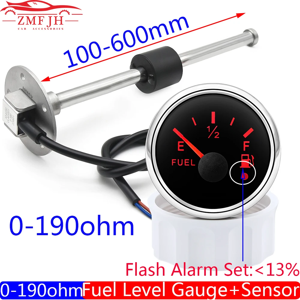 

2" 52mm Fuel Level Gauge+Fuel Float Level Sensor 0-190 Ohm for Marine Car RV Boat Oil Tank Level Meter with Alarm Curved Glass