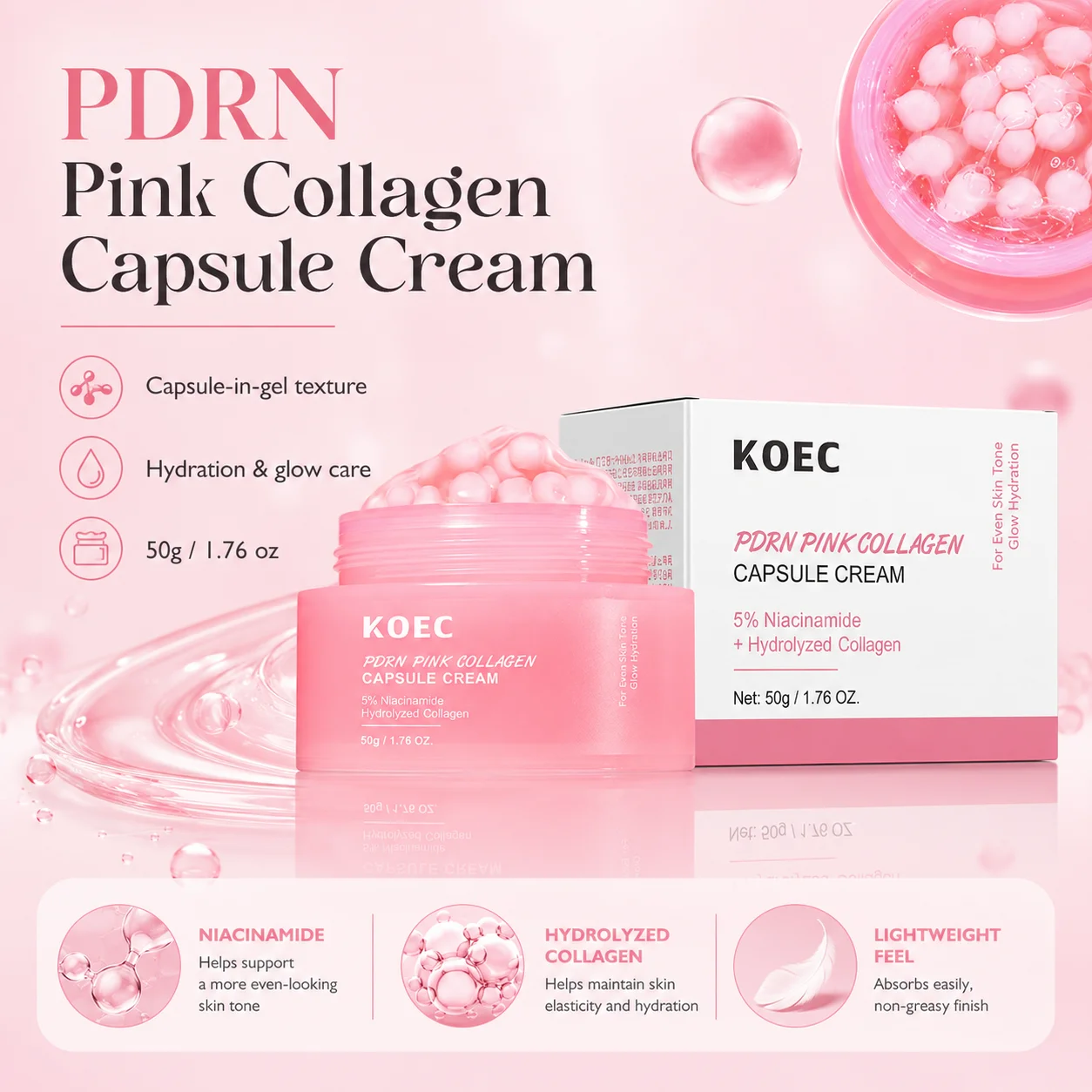Collagen Peptides PDRN Capsule Cream, Face Moisturizer | Refining Moisturizing Cream | Collagen, PDRN for Blemish Improvement, Hydrating Glow, Skin Refining | Asian Skin Care - 1.76 oz