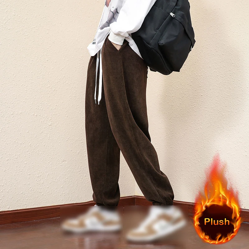 Men Winter Corduroy Drawstring Pants Winter Thick Plush Pants Men Casual Loose Straight Trousers Casual Baggy Sweatpants