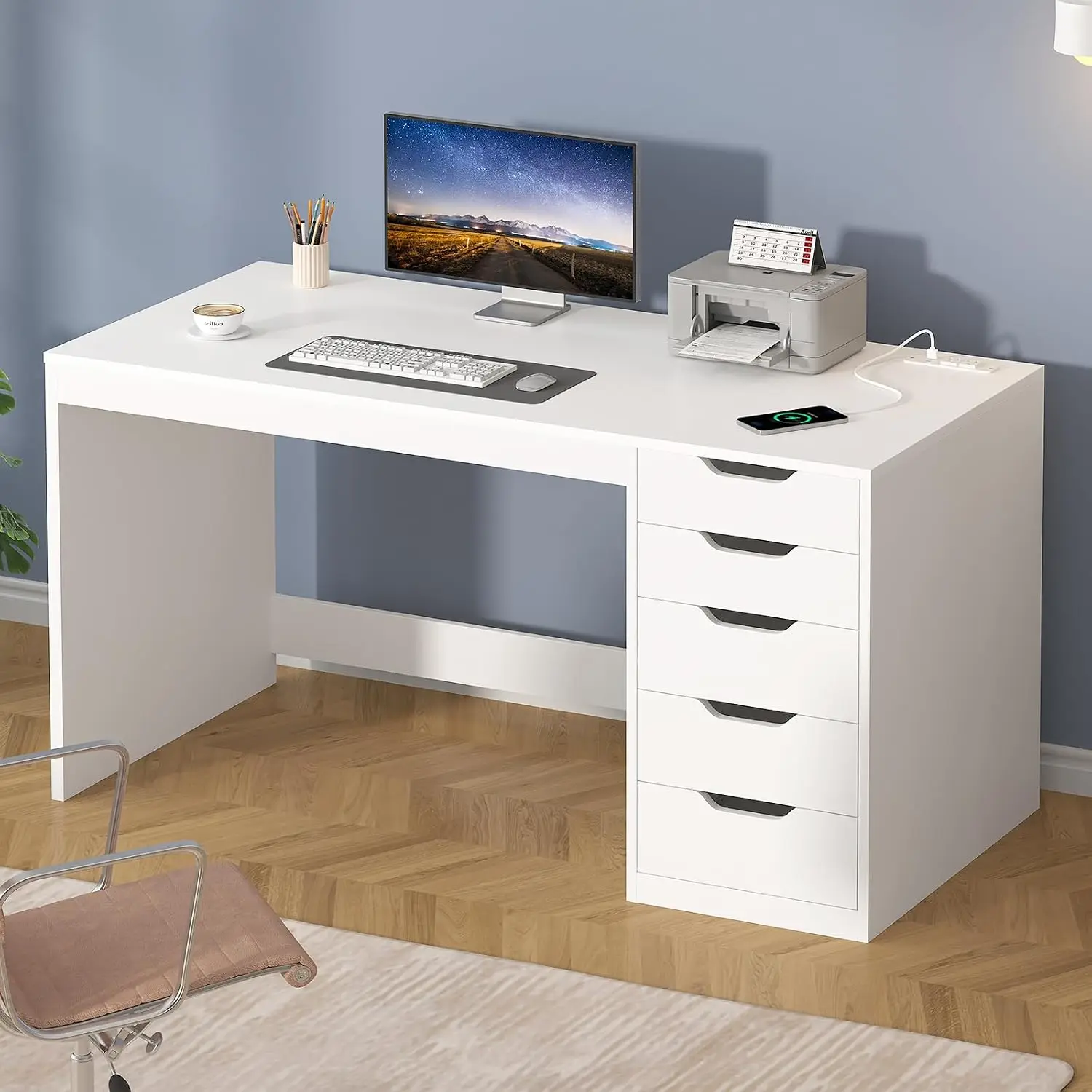 47 Inch Computer Desk 5 Drawers Power Outlets Small Space, Customized