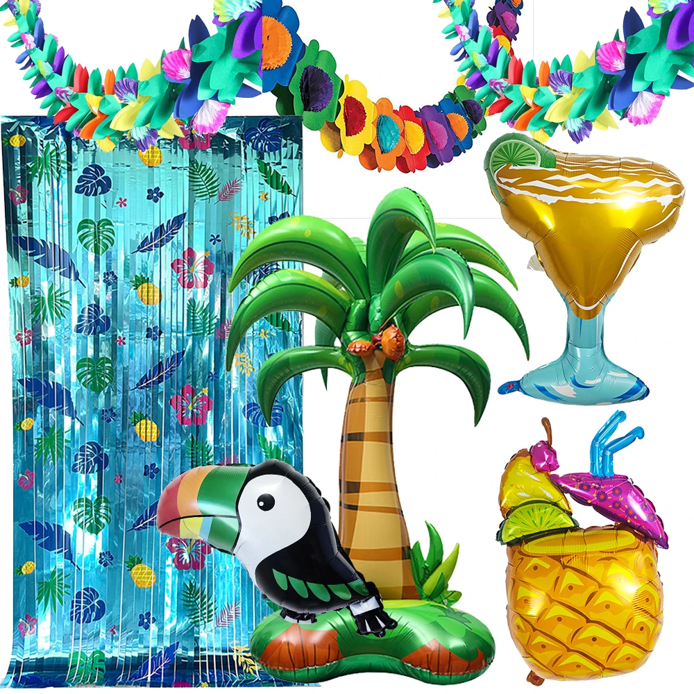 Décorations de fête hawaïenne pour l'été, la plage, la piscine, toile de fond d'anniversaire tropicale, rideaux à franges en aluminium, décorations de ballons hawaïens