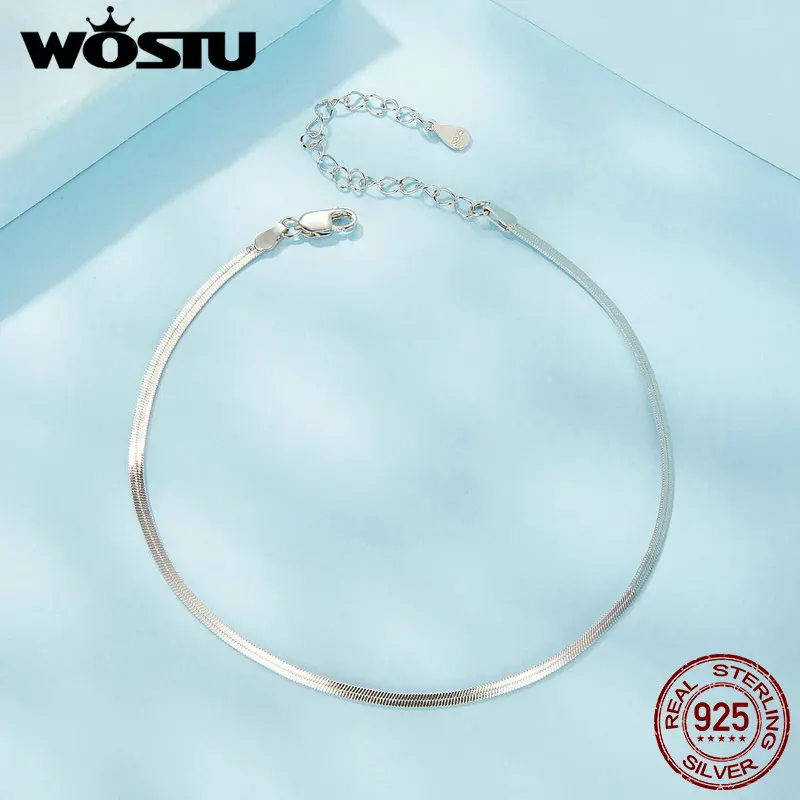 Wostu Origineel 925 Sterling Zilver Eenvoudig Dier Slangenenkelband Verstelbare Ketting Wit Goud Voor Vrouwen Feest Cadeau Fijne Jewlery