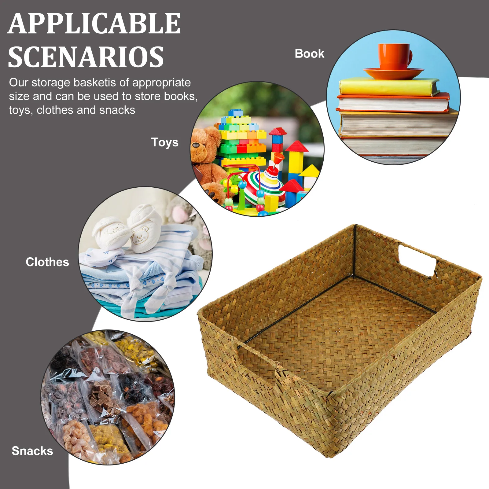 

1pc Natural Seaweed Woven Storage Basket Rectangular Multifunctional Organizer For Home Bedroom Bathroom Candy Tea Coffee