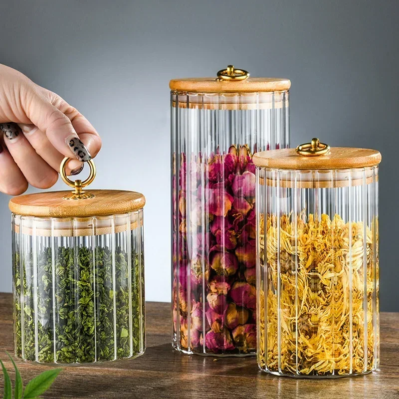 Clear Glass Food Storage Jars With Bamboo Lid Transparent Kitchen Storage Containers 550/850/1150ml For Coffee Spice Sugar