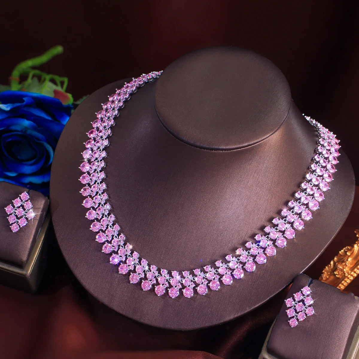 BeaQueen Charming Pink Round Cubic Zirconia Choker Necklace Earrings Set for Women Wedding Party Dress Jewelry Accessories T1004