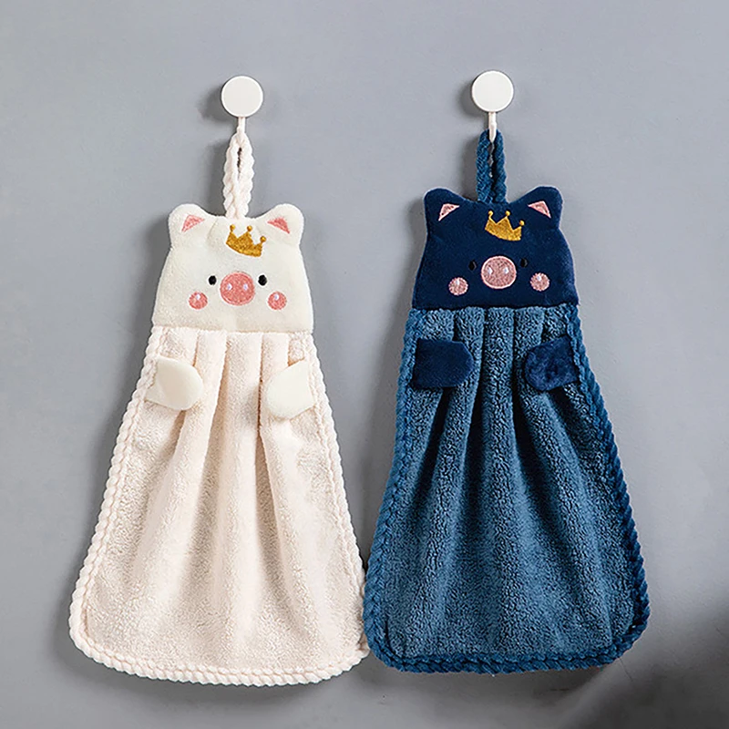 Cute Cartoon Pig Hanging Hand Towel Household Bathroom Wall Wiping Hands Absorbent Cotton Towel