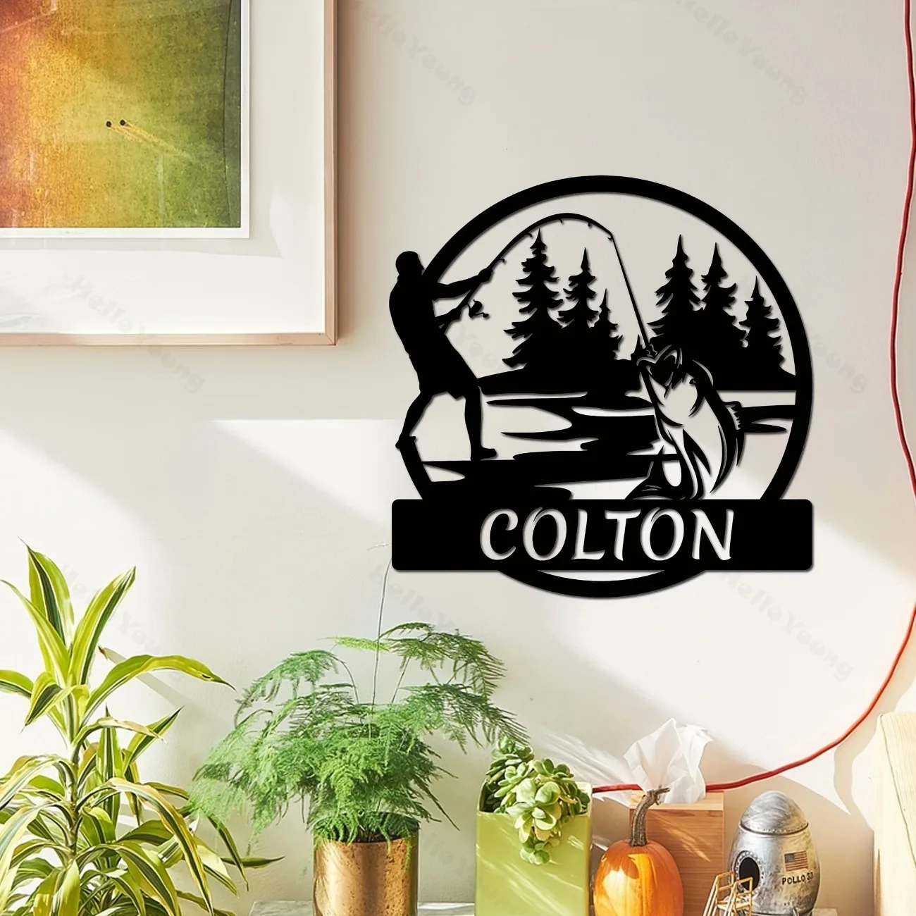 Customizable Metal Sign with Fishing Silhouette Personalized Hot Sale for Home Garden Kitchen Decor.