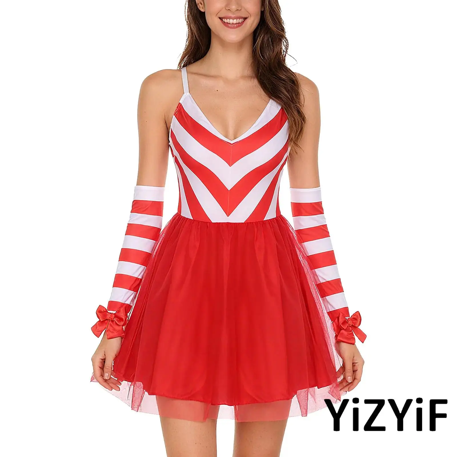 

Women Christmas Santa Claus Outfit Adjustable Shoulder Straps Color Block Striped Bodice Xmas Princess Dress with Bow Gloves