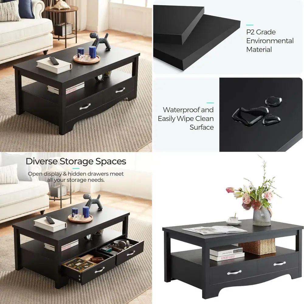 

Black Chic Farmhouse Coffee Table, Living Room Storage with Drawers and Metal Handles, Open Display and Curved Base Design