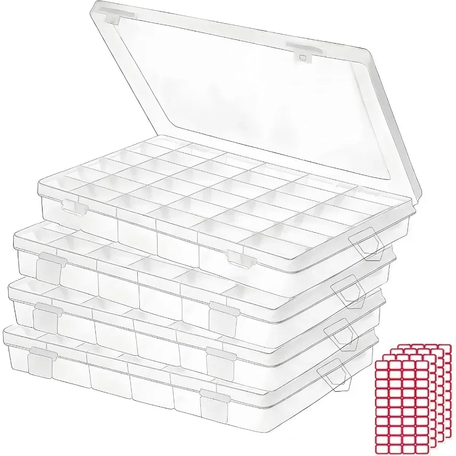 

4pack 36 Grids Plastic Clear Organizer Box with Adjustable Dividers for Craft Jewelry Fishing Tackles Parts Storage Includes 4