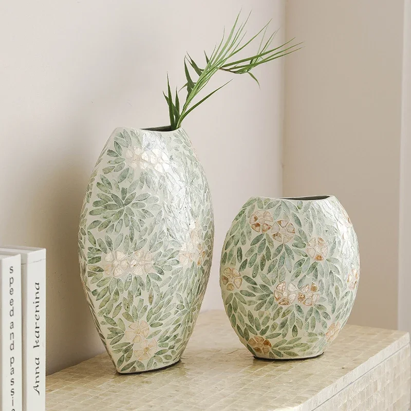 AhunderJiaz French Luxury Handmade Seashell Decorative Vase Creative Countertop Flower Planter Home Living Room Desktop Decor