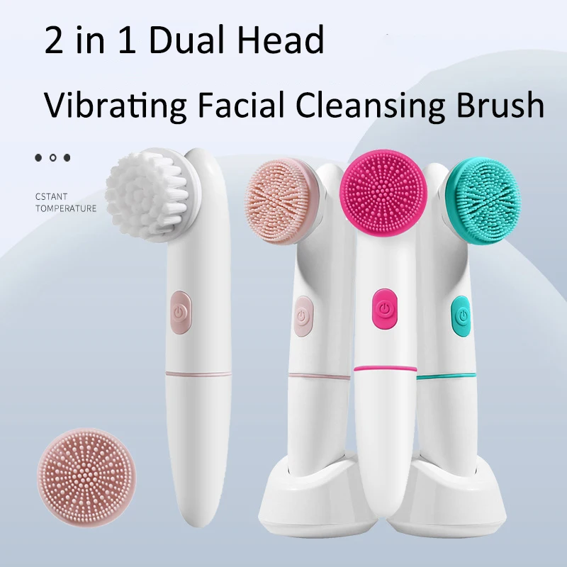 

2 in 1 Double Head Electric Waterproof Silicone Face Cleansing Brush, Sonic Vibration Facial Pore Cleaner Skincare Beauty Tool