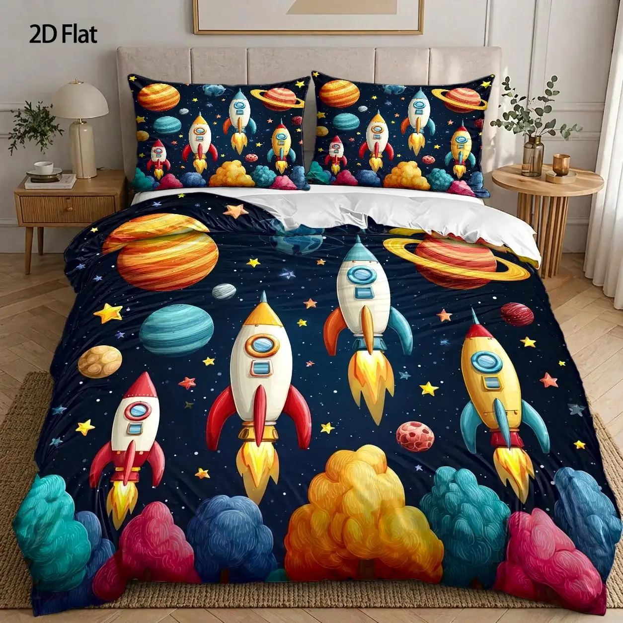 Juego de funda de edredón de 3 piezas, 1 funda de edredón + 2 fundas de almohada (sin relleno), tema de exploración espacial, estilo de dibujos animados, viajes interplanetarios, adecuado para todas las estaciones, lavable a máquina, cremallera invisible, se puede utilizar en el hogar, dormitorio, dormitorio principal, habitación de invitados