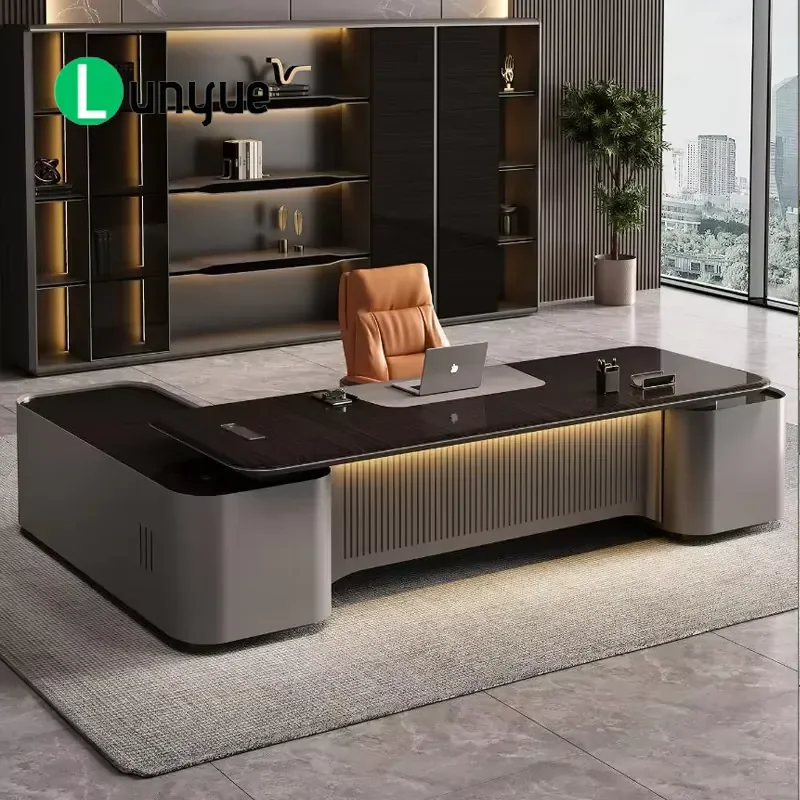 Modern Luxury L Shaped Executive Desk High Gloss Wood Top Fingerprint Lock Brushed Silver Recessed Panel For CEO Office