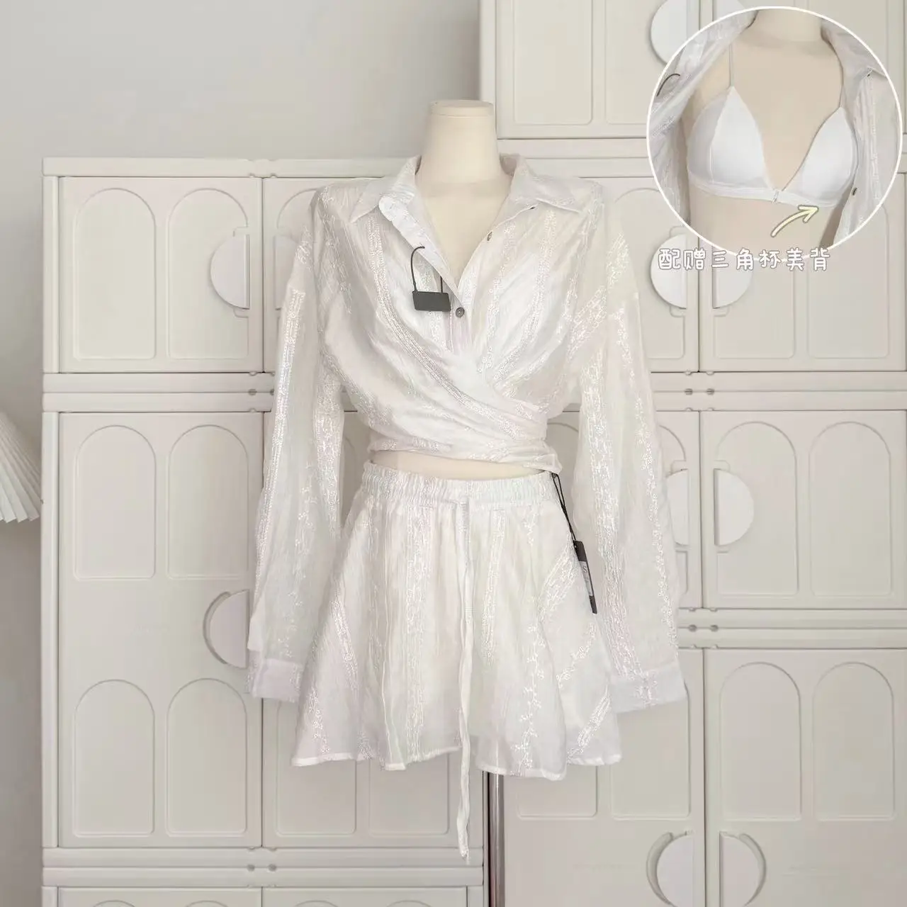 

Women's Summer Elegant Lyocell Thin Two Pieces Skirt Suit Lady Single Breasted Lace Up Waist Short Shirt + Mini A Line Skirt