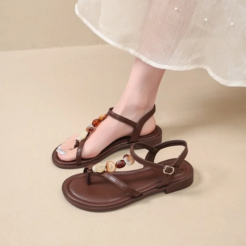 

Ladies Sandals 2026 Summer Fashion Elegant Open-toe Round Head Low-heeled Flat-bottomed Buckle Toe Sandals Plus Size