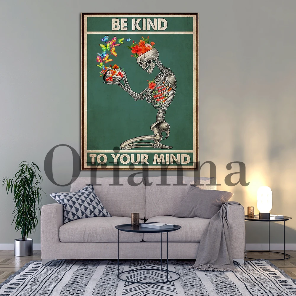 Be Kind To Your Mind Hippie Skeleton Flower Head Retro Prints Posters Home Living Room Bedroom Wall Art Decor Painting Gift