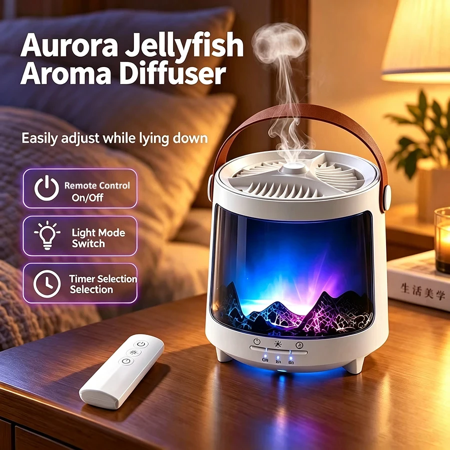 Aurora Aroma Diffuser, 7-Color LED Light, Jellyfish & Heavy Mist, 300ml Essential Oil Humidifier, 2H/8H Timer, Christmas Gift
