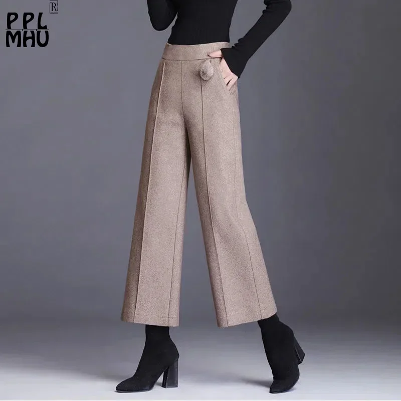 Grande taille 4xl rayé laine pantalon à jambes larges femmes automne hiver taille haute cheville longueur pantalons bureau laine mélange droit Broek