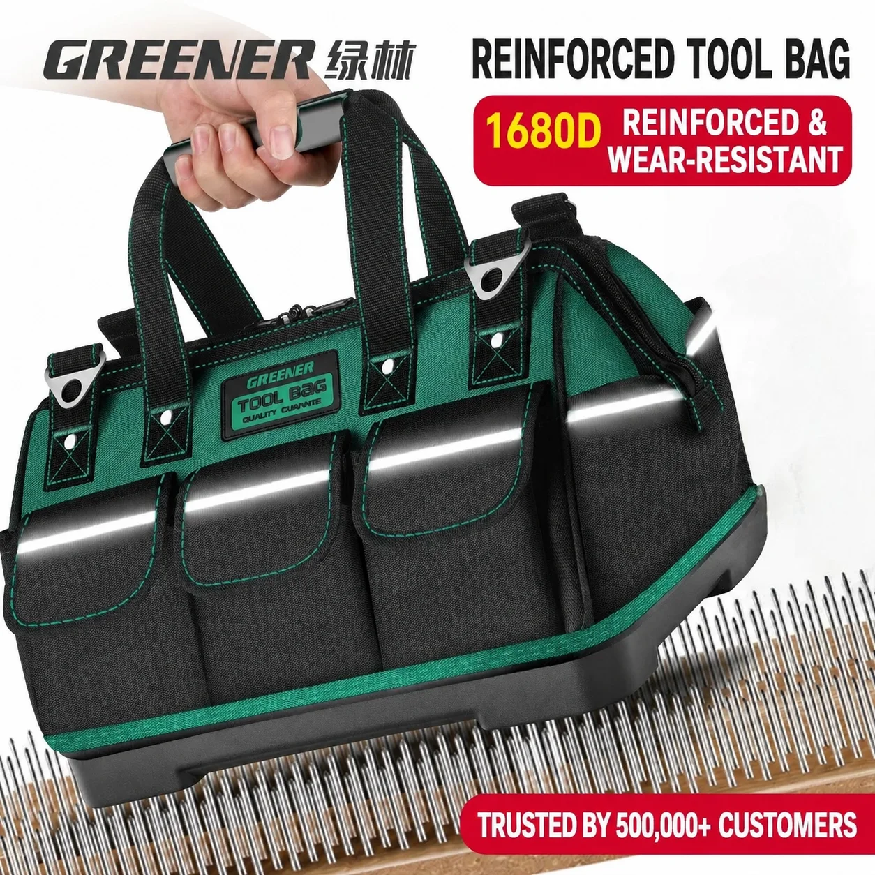 GREENER Heavy Duty Tool Bag with Hard Molded Base, Waterproof 1680D Oxford Large Capacity Organizer with Shoulder Strap