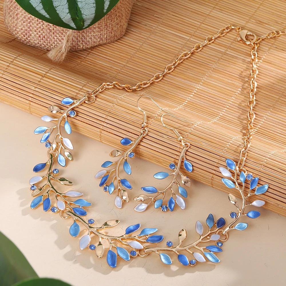 Fashion Drip Oil Leaf Necklace and Earrings Set for Women Accessories Trendy Gold Color Jewelry Sets Vacation Party Prom Gift