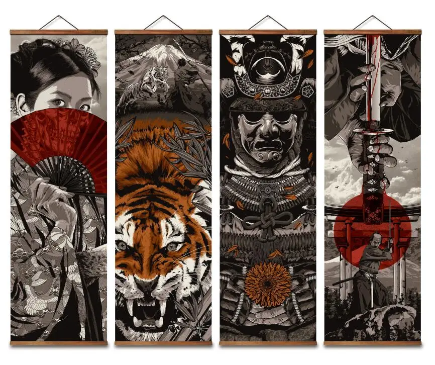 MT0020 Japanese Samurai Ukiyoe Tiger Decorative Wall Art Canvas Posters Prints Picture Decoration with Solid Wood Hanging Scroll