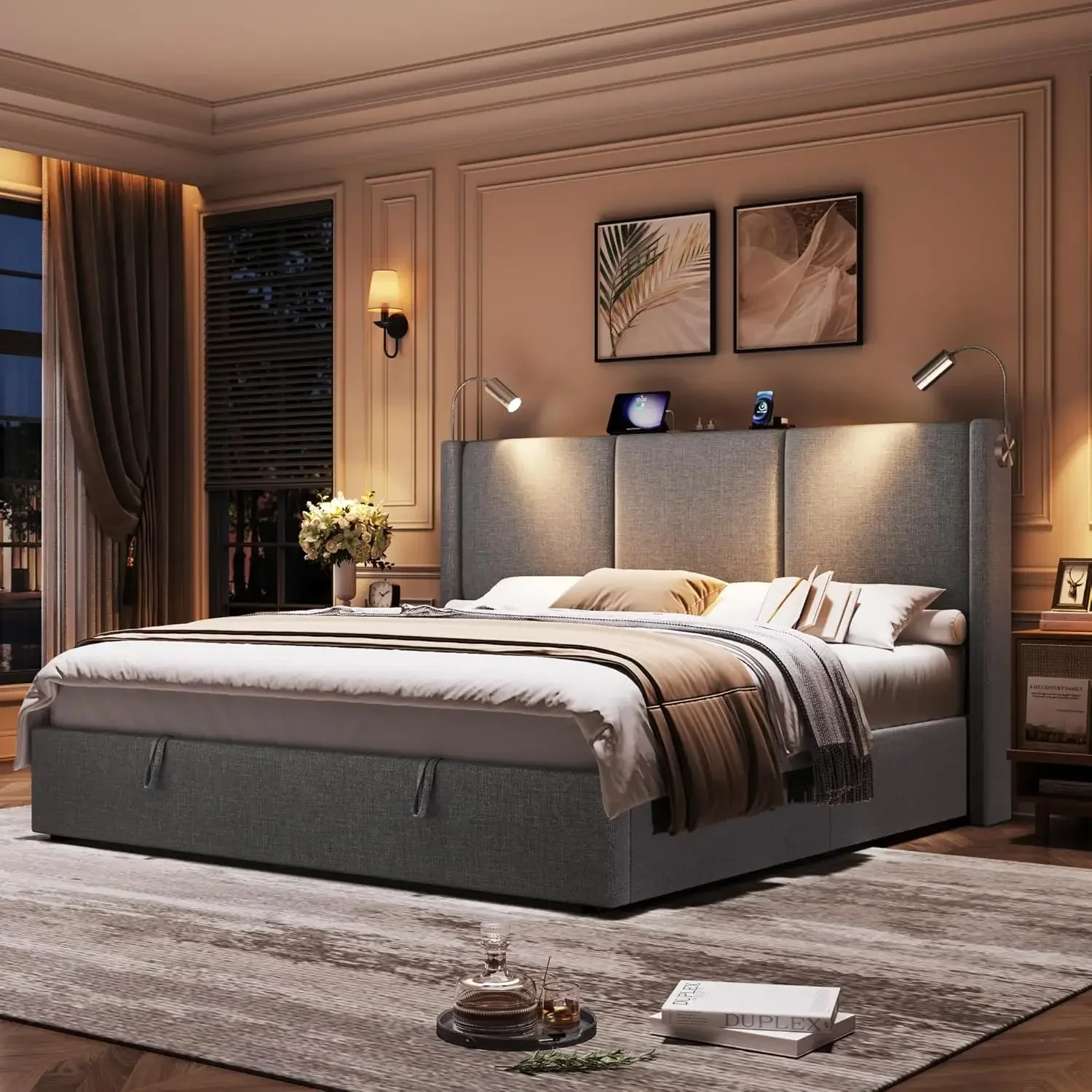 [Nuovo arrivo, prezzo scontato! ]Strucello letto contenitore sollevabile queen size con stazione di ricarica, piattaforma moderna imbottita con Re