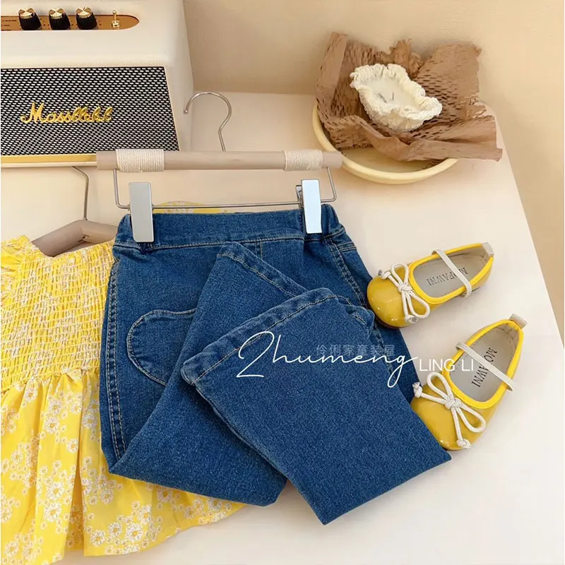 Set per bambini primaverili camicia floreale gialla con maniche a bolle per ragazza Top + Jeans 2 pezzi pantaloni in Denim per bambini