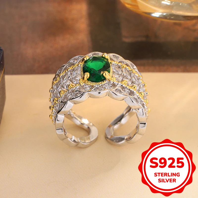 

Creative genuine 925 sterling silve tired pattern into four-claw oval emerald opening adjustable ring women wedding gift jewelry