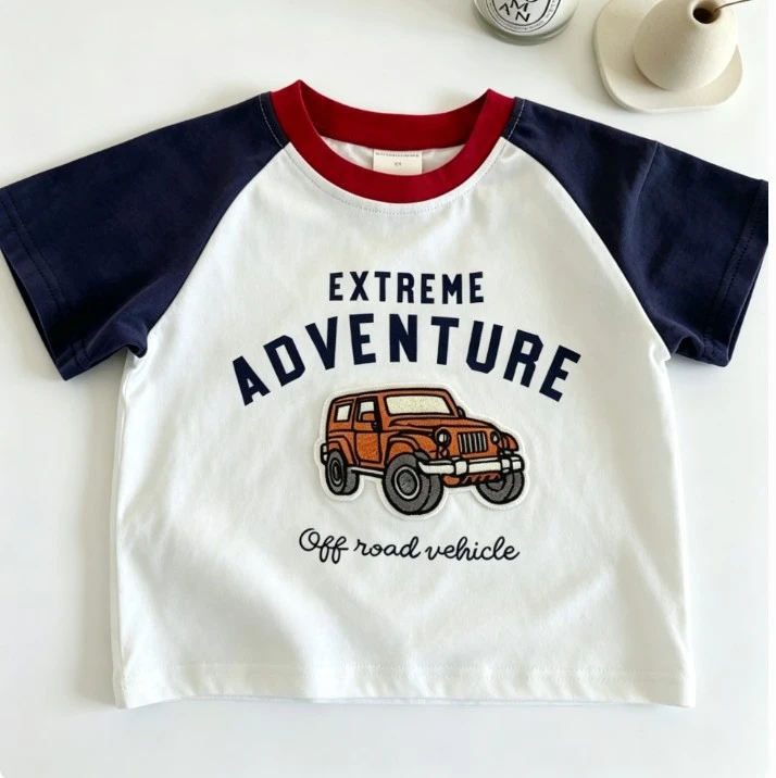 Popular Kids Summer T Shirt With Towel Embroidered Cartoon Prints Lightweight Fabric Unisex Casual Tops Kid Round Neck Costume