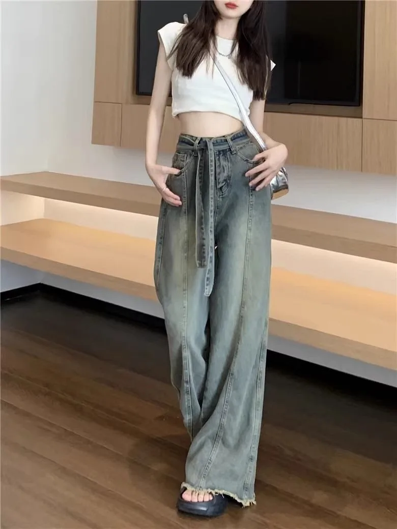 Retro Washed Lace-up Wide-leg Jeans. The Latest Four-season Design of Loose, Fringed Casual and Floor-length Jeans for Women