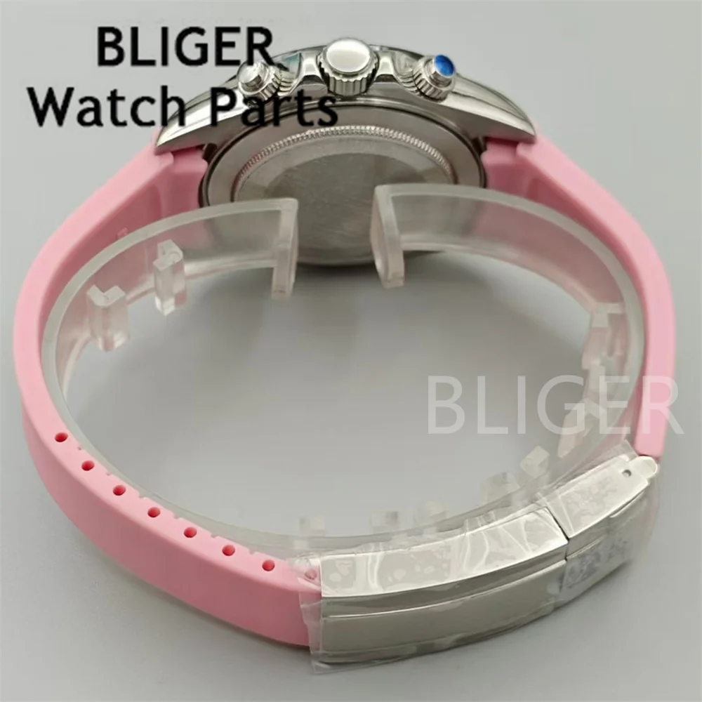 BLIGER 39mm VK64 Quartz Chronograph Men\'s Watch Pink Dial Sapphire Glass 5 pin 6 o \'clock date Luminous Waterproof Rubber Strap