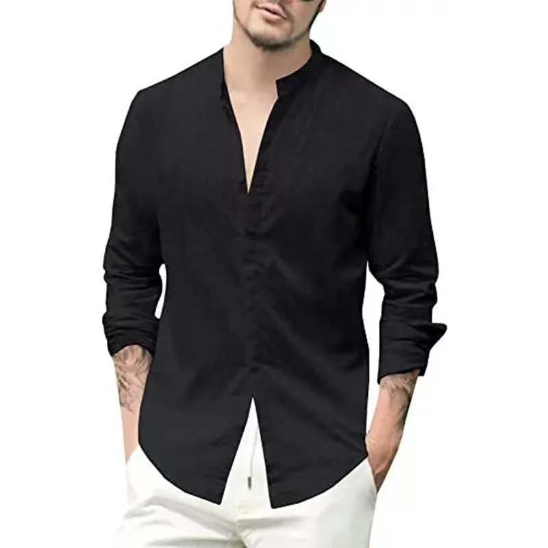 2024 New Shirts European and American Men\'s Loose Linen Shirt Cardigan Solid Color Leisure Collar Long Sleeve Comfort Polo Shirt